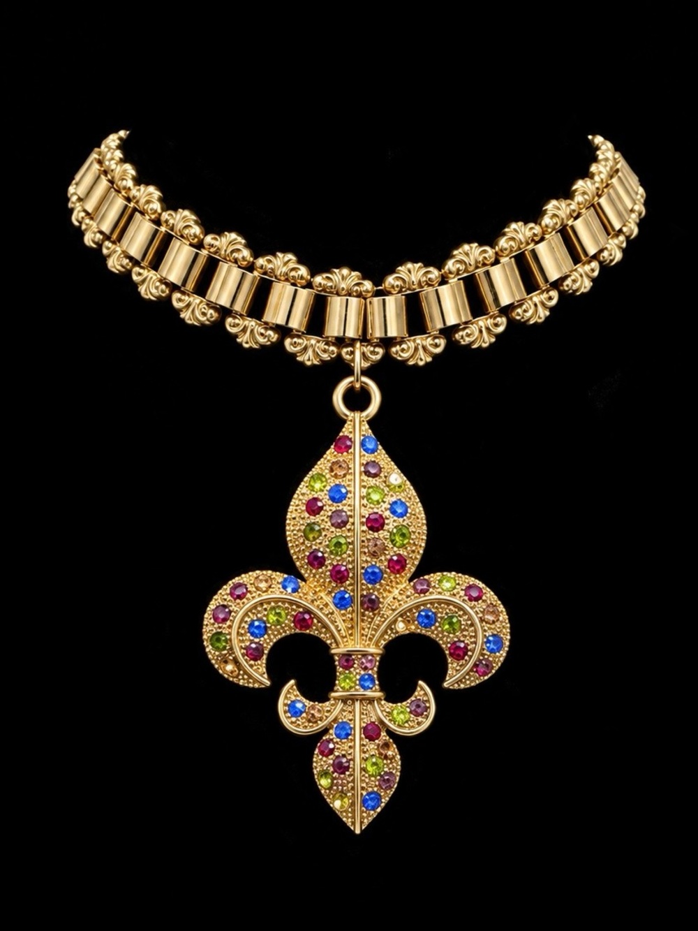 Gold Fleur-de-Lis Pendant Necklace with Multicolor Crystal Accents
